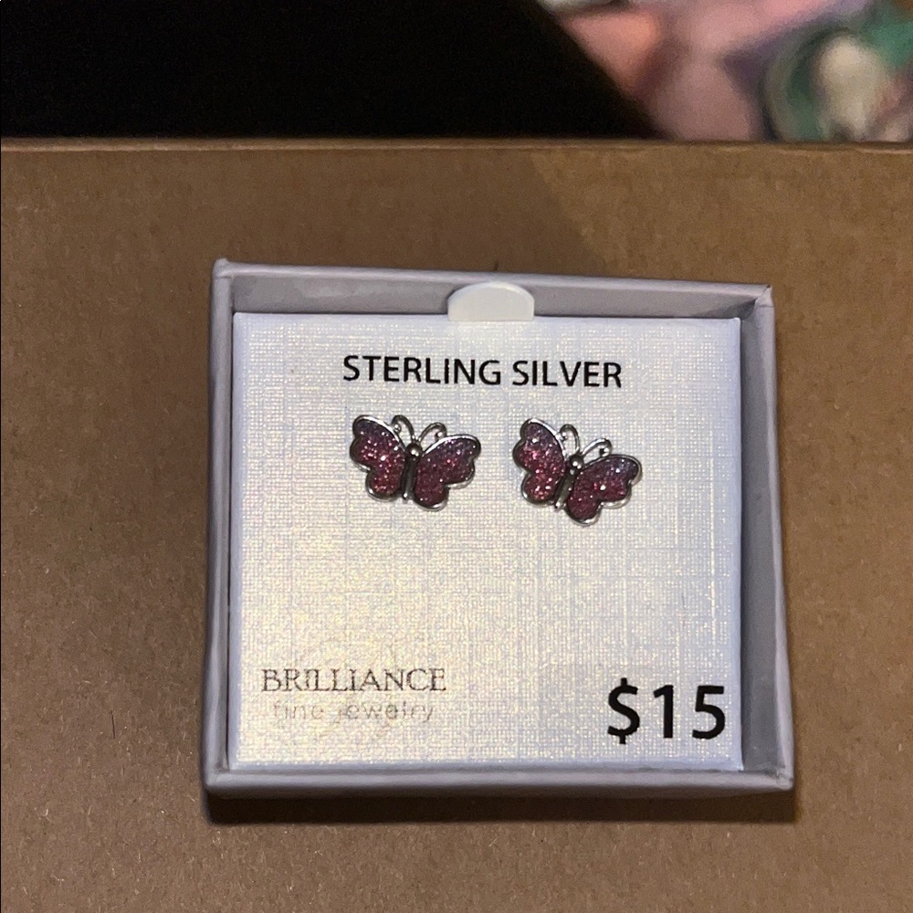 Brilliance Sterling Silver Butterfly Earrings with Pink Accents
